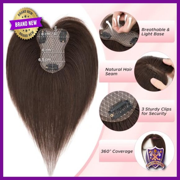 Human Hair Topper with Side Bangs 10 Inch Lightweight Clip-In Hairpiece